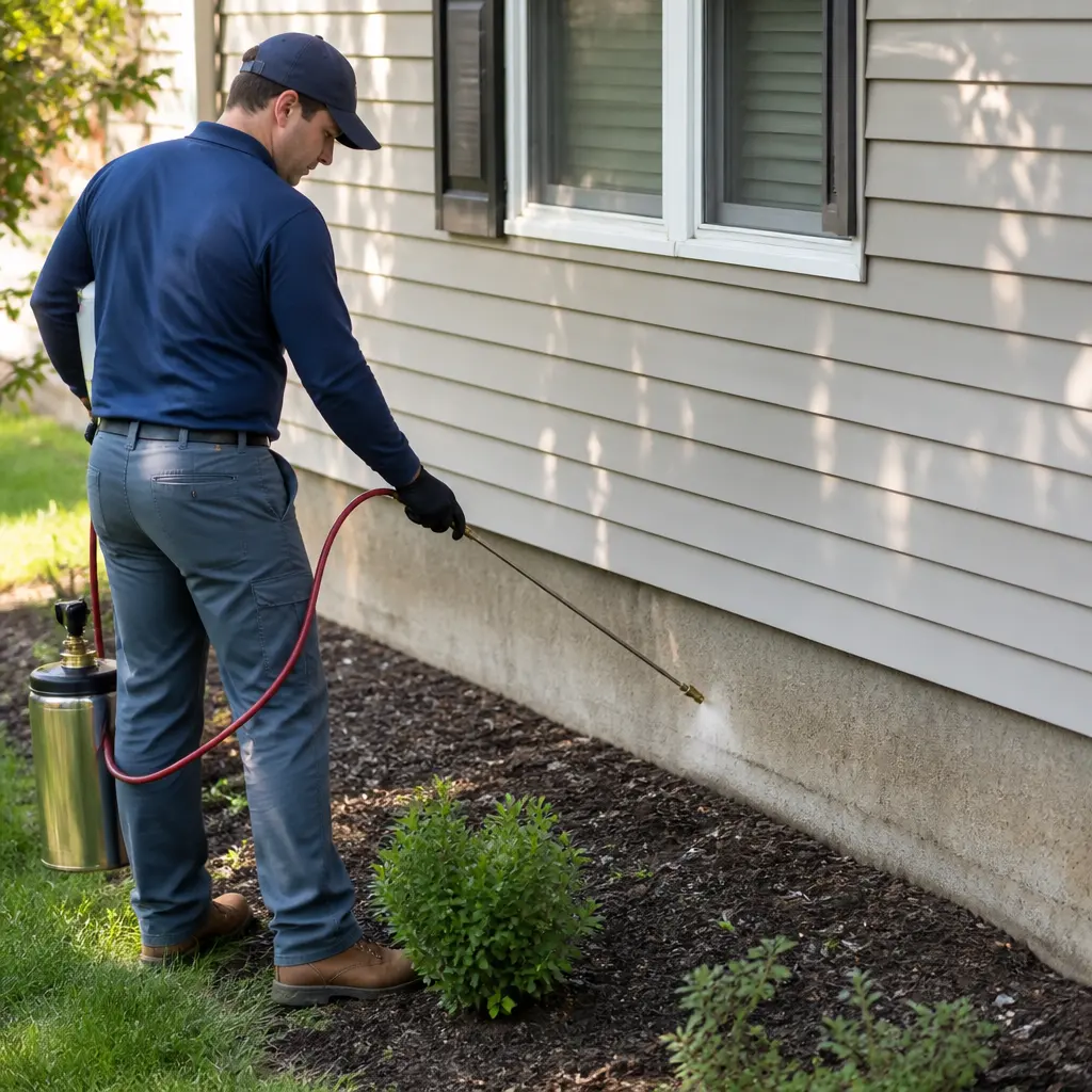 Pest-control technician treating the exterior of a residential home